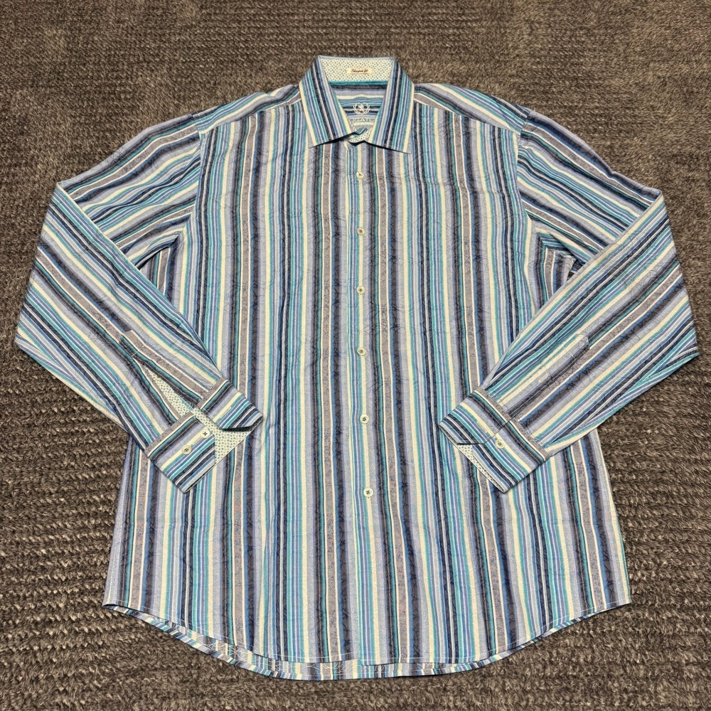 Bugatchi Mens Long Sleeve Shaped Fit Multicolor Striped Button Down Shirt Cotton